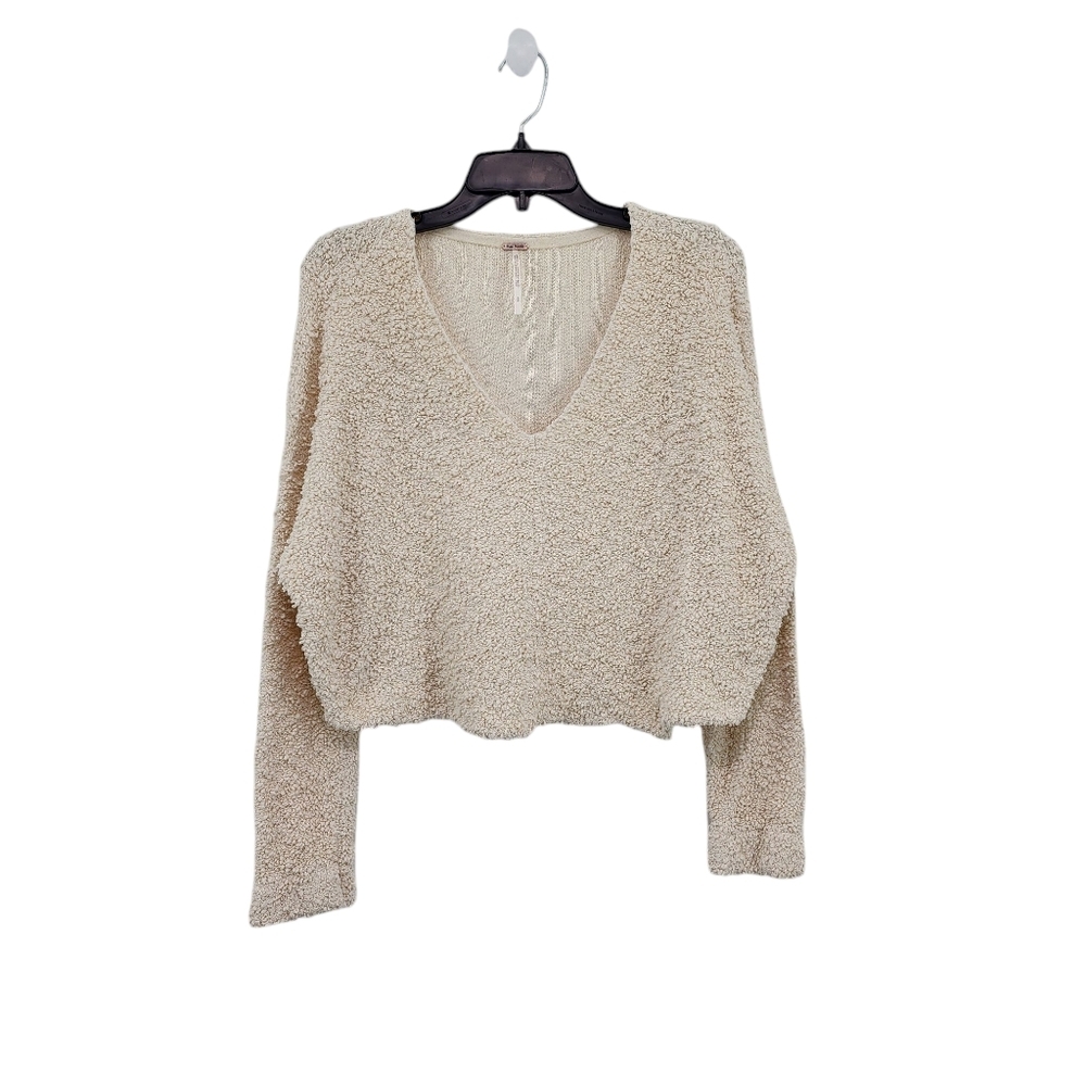 Free People Cozy V-Neck Crop Sweater in Beige